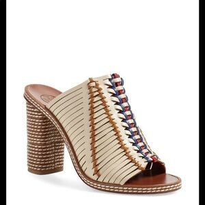 Tory Burch Pecha leather woven mules wooden heels
